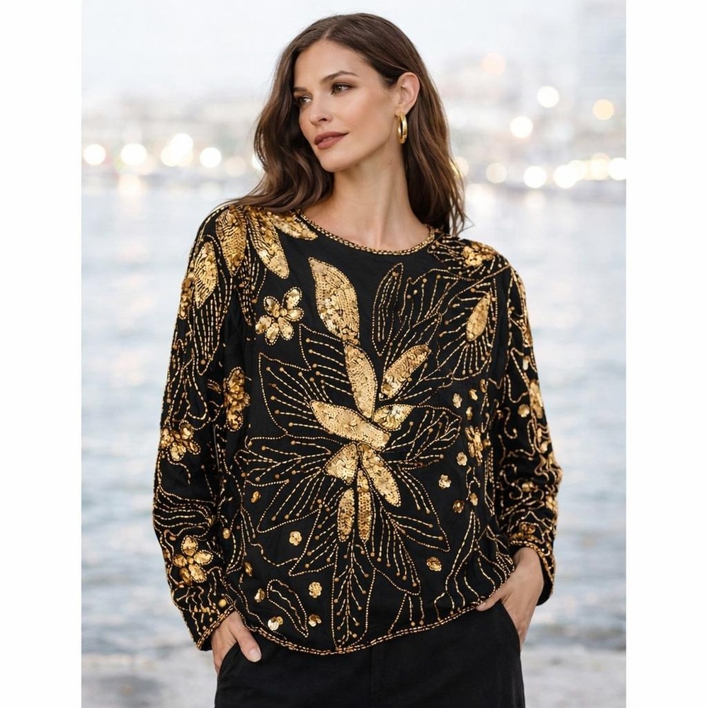 Vtg Royal Silk Womens Beaded Top M  Black‎ Gold Sequin India Evening Blouse